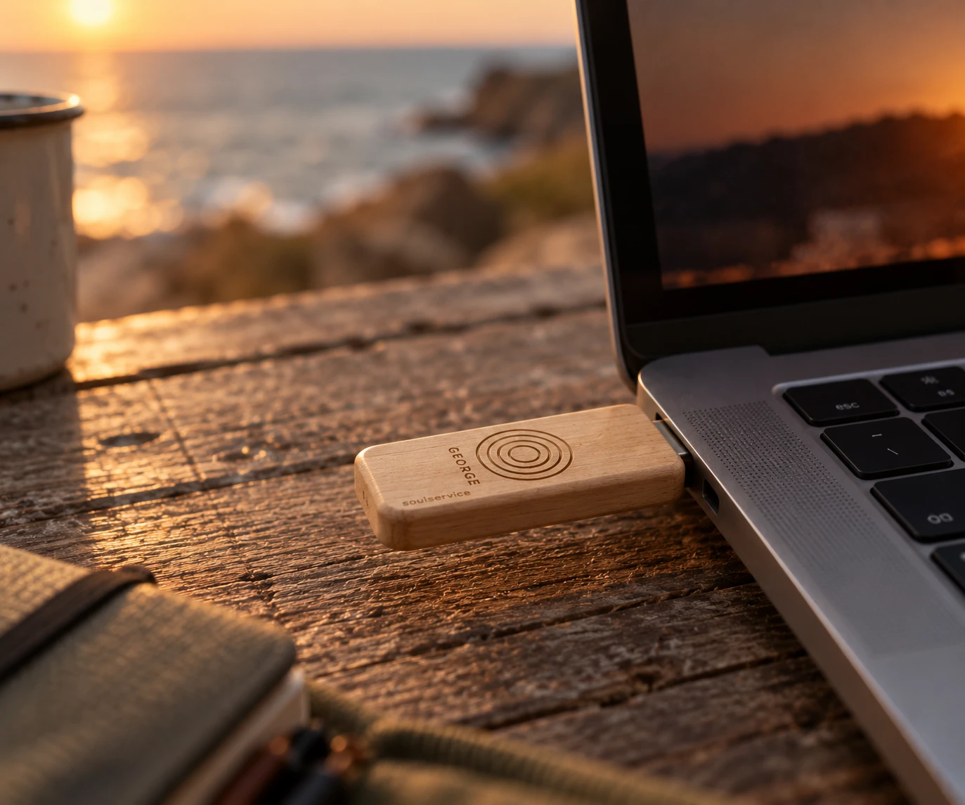 Soulservice Stick eingesteckt in ein MacBook auf einem Holztisch am Meer bei Sonnenuntergang