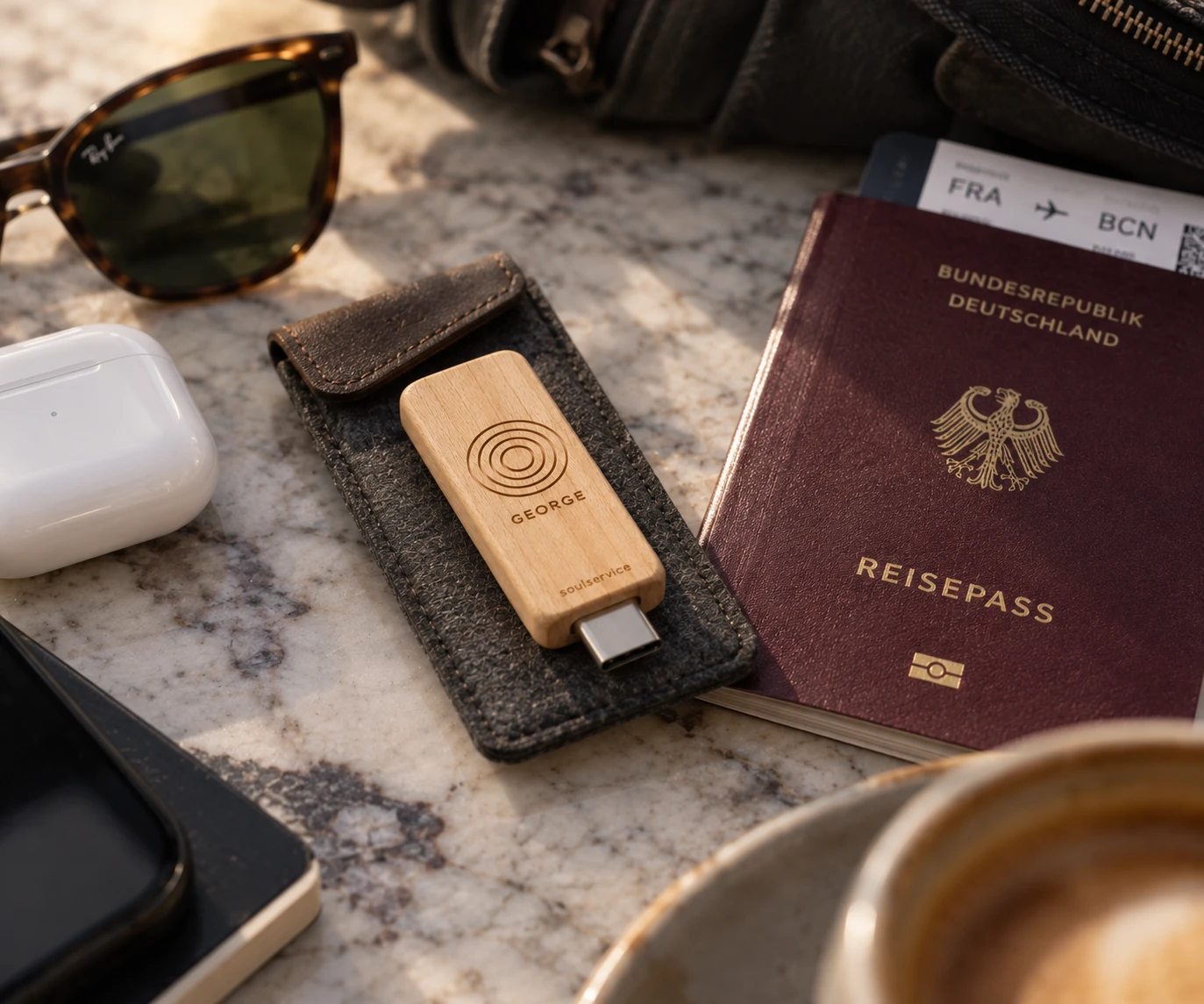 Soulservice Stick in einem Filzetui neben einem deutschen Reisepass, AirPods und Sonnenbrille auf einer Marmorplatte